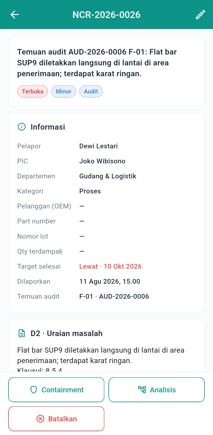 Tampilan Sistem Mutu Pabrik: Setiap masalah mutu ditangani lewat 8 langkah (8D).