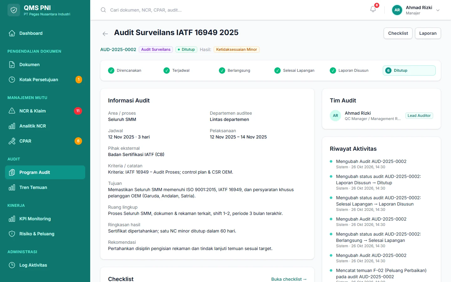 Tampilan Sistem Mutu Pabrik: Program audit setahun sampai laporan dalam satu alur.