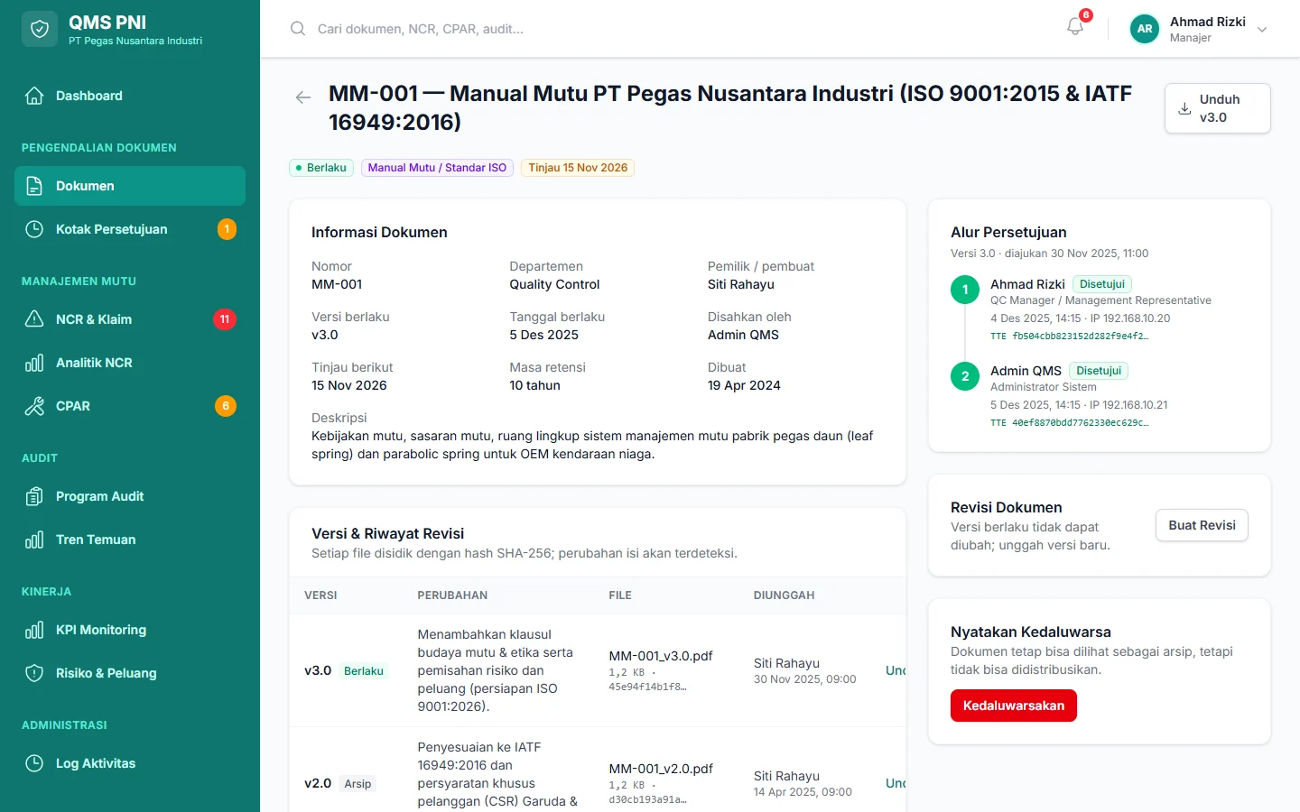 Tampilan Sistem Mutu Pabrik: Operator selalu memakai revisi dokumen yang berlaku.