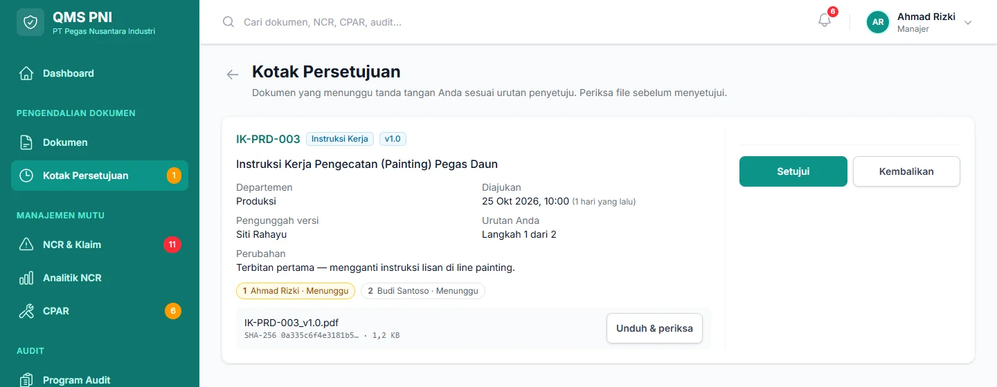 Tampilan Sistem Mutu Pabrik: Operator selalu memakai revisi dokumen yang berlaku.