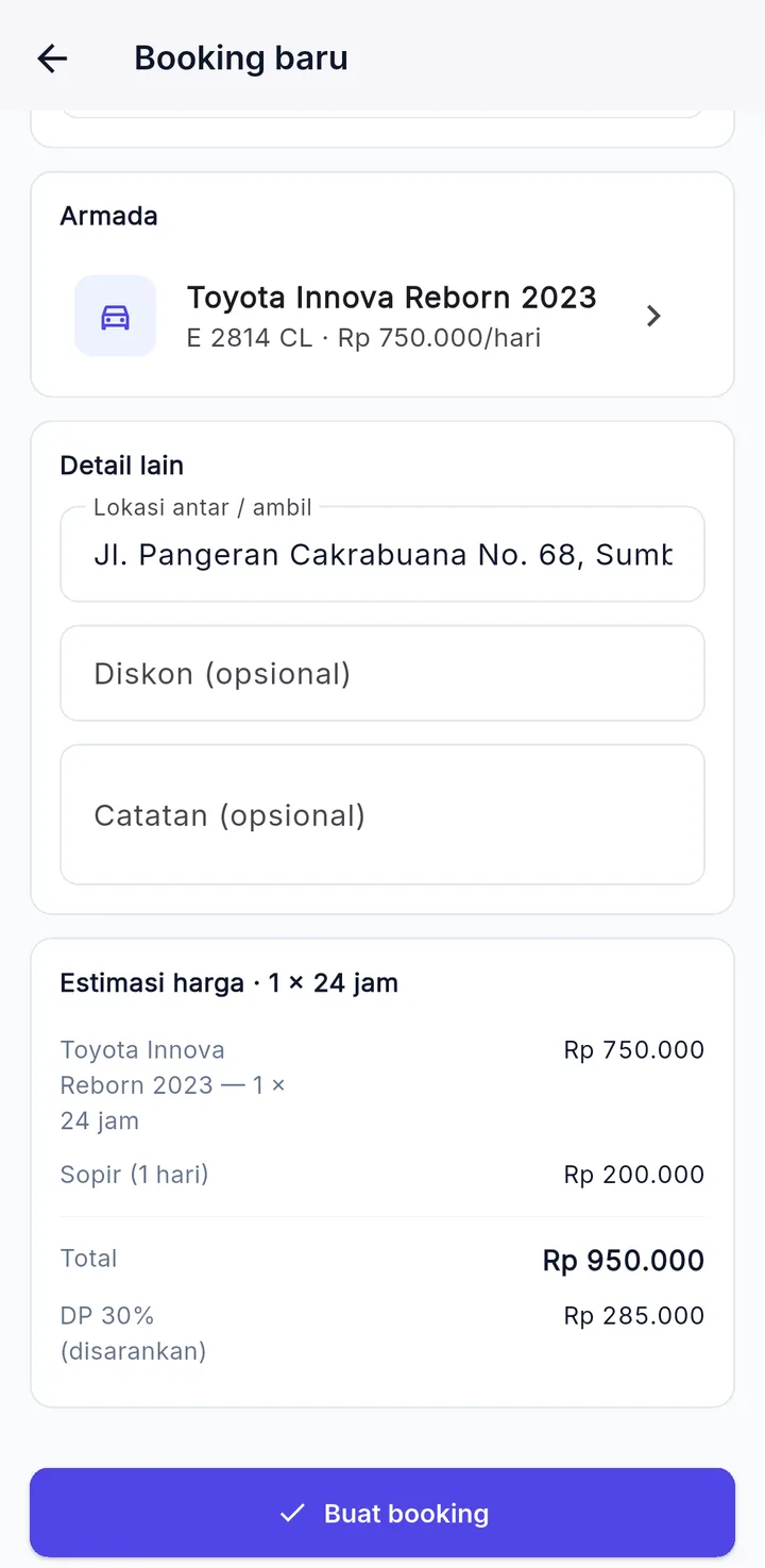 Tampilan RentalPro: Harga paket dihitung otomatis, mobil bentrok tidak bisa dipilih.