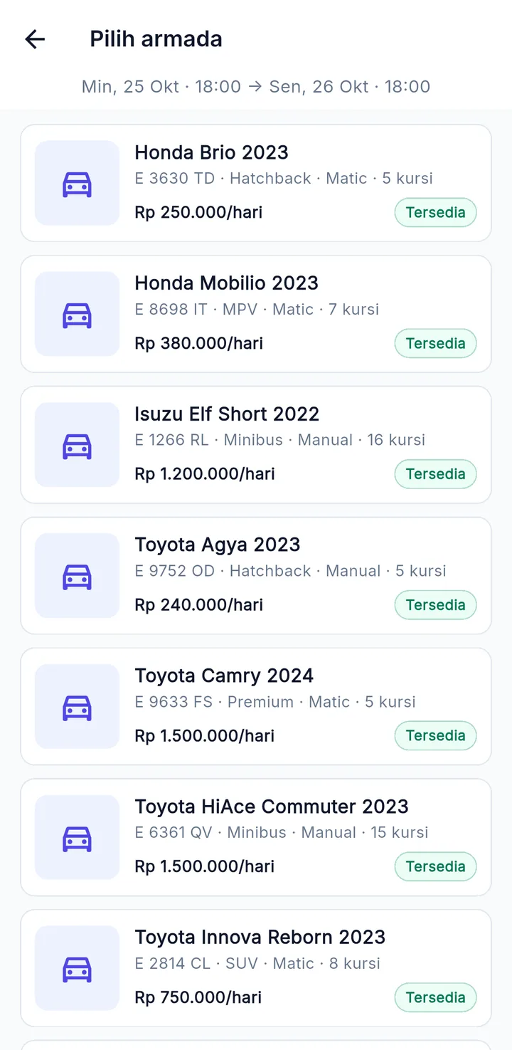 Tampilan RentalPro: Harga paket dihitung otomatis, mobil bentrok tidak bisa dipilih.