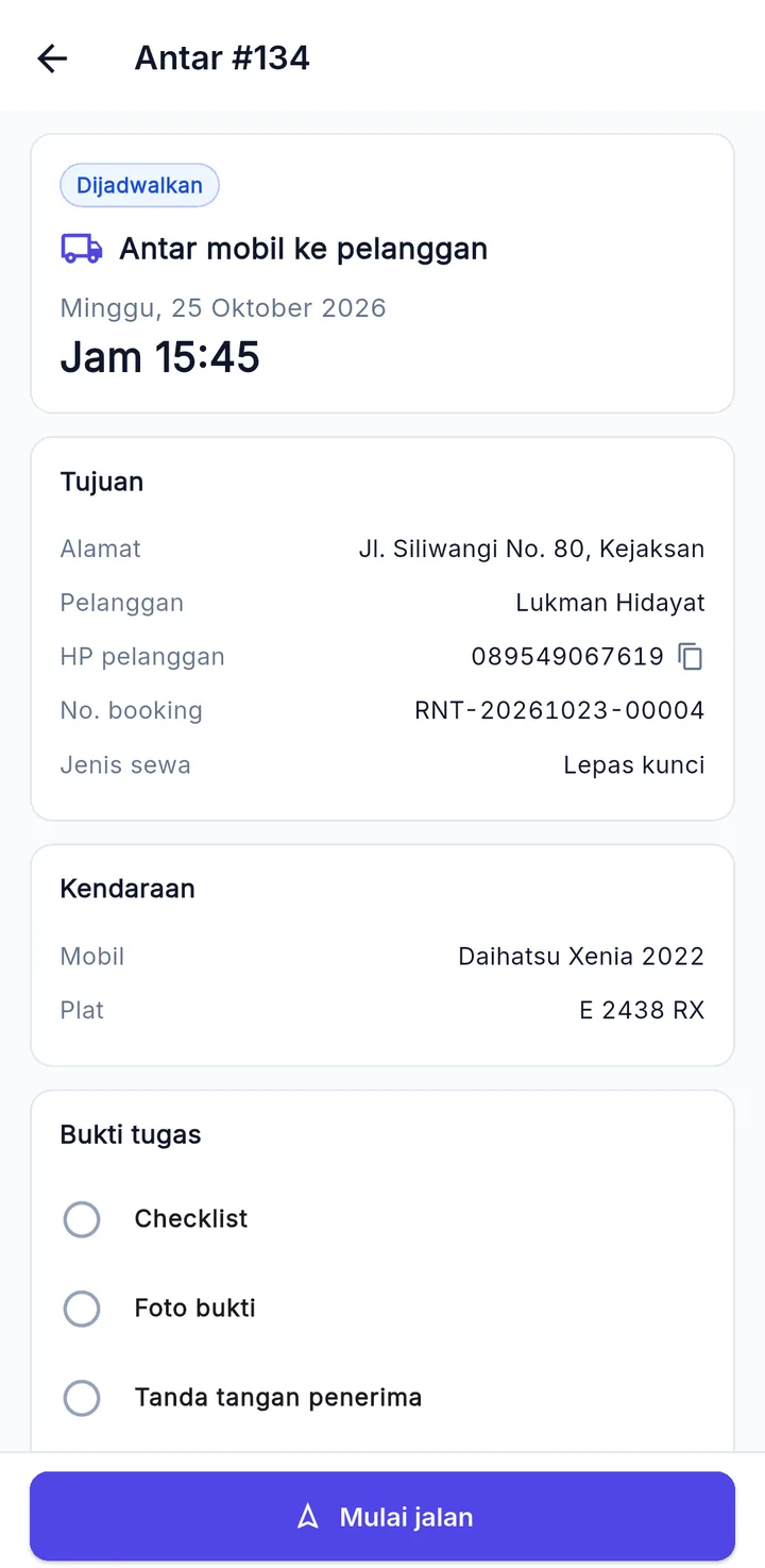 Tampilan RentalPro: Sopir menerima tugas antar dan jemput di HP.