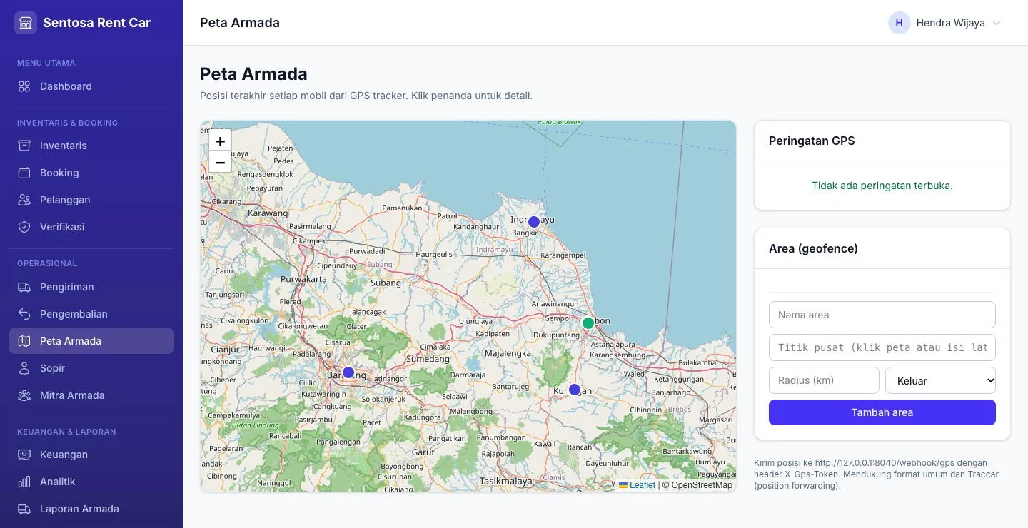 Tampilan RentalPro: Posisi setiap mobil di peta.