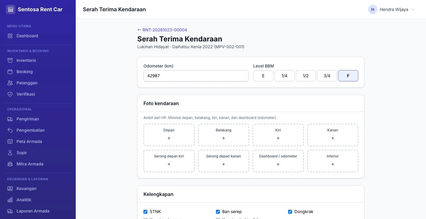 Tampilan RentalPro: Kondisi mobil difoto dan ditandatangani penyewa.