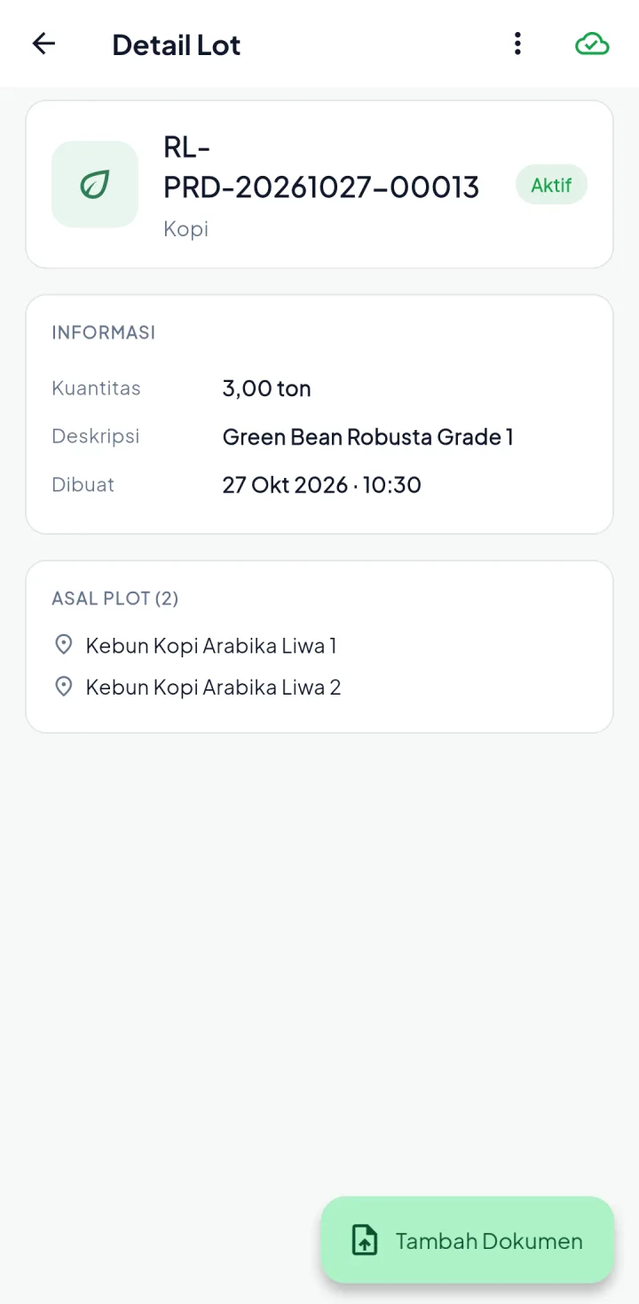Tampilan RimbaLink: Skor kepatuhan dan batch di genggaman.
