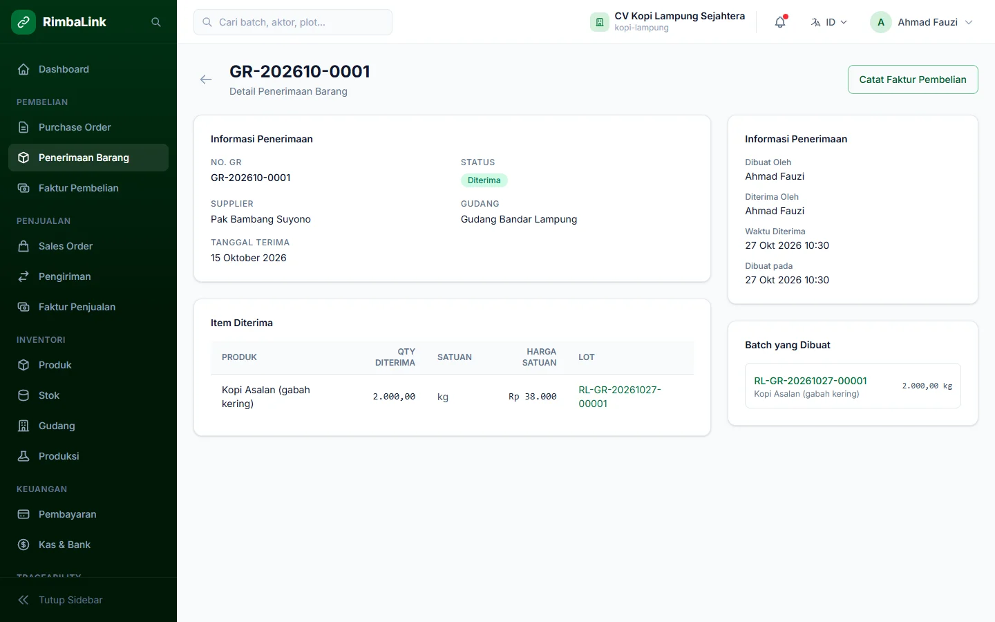 RimbaLink — detail penerimaan, dashboard web