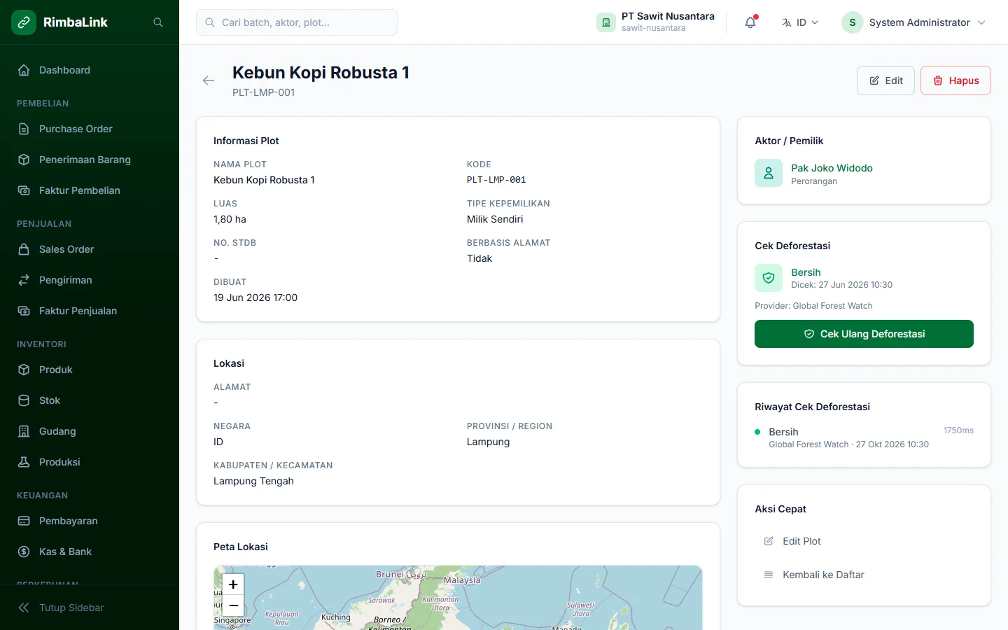 Tampilan RimbaLink: Setiap kebun punya lokasi dan hasil cek penebangan hutan.