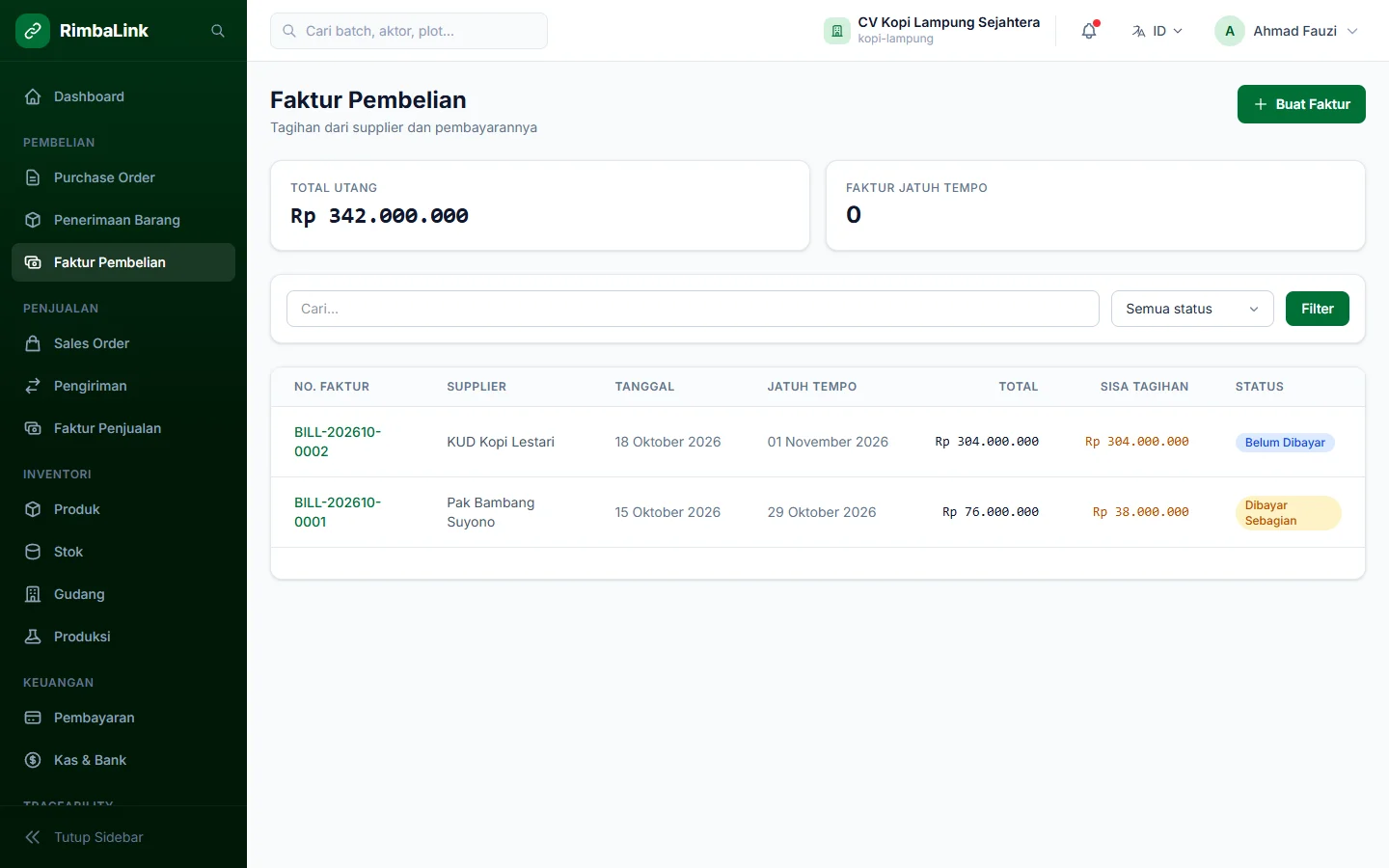 RimbaLink — invoice beli, dashboard web