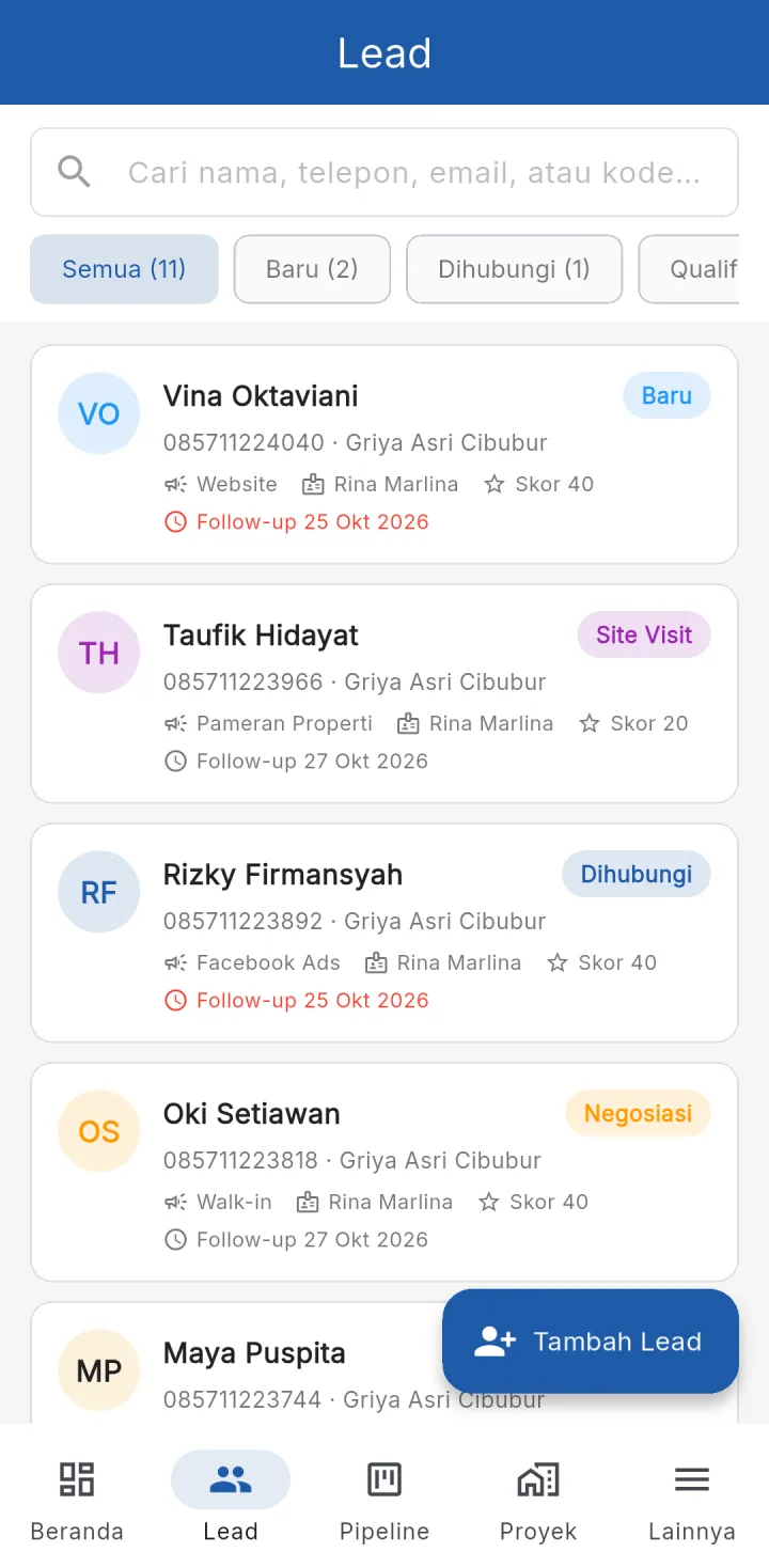 Tampilan RumahPro: Setiap calon pembeli punya sumber, skor, dan jadwal follow-up.