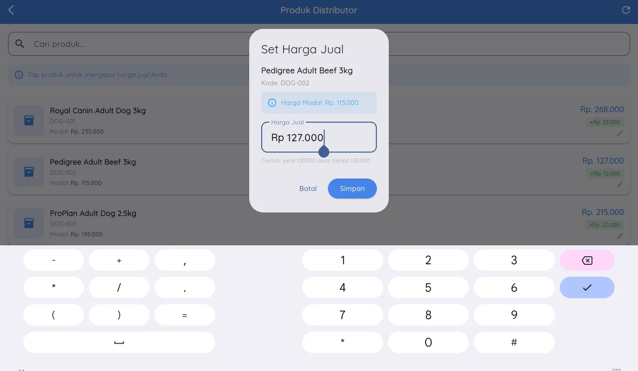 Tampilan POS Distributor & Agen: Agen menentukan harga, margin selalu terlihat.