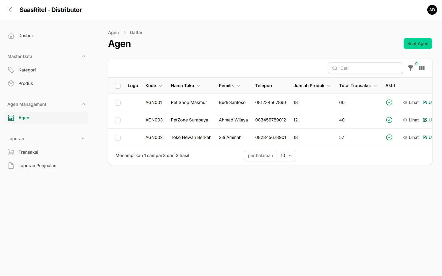 POS Distributor & Agen — agen, dashboard web
