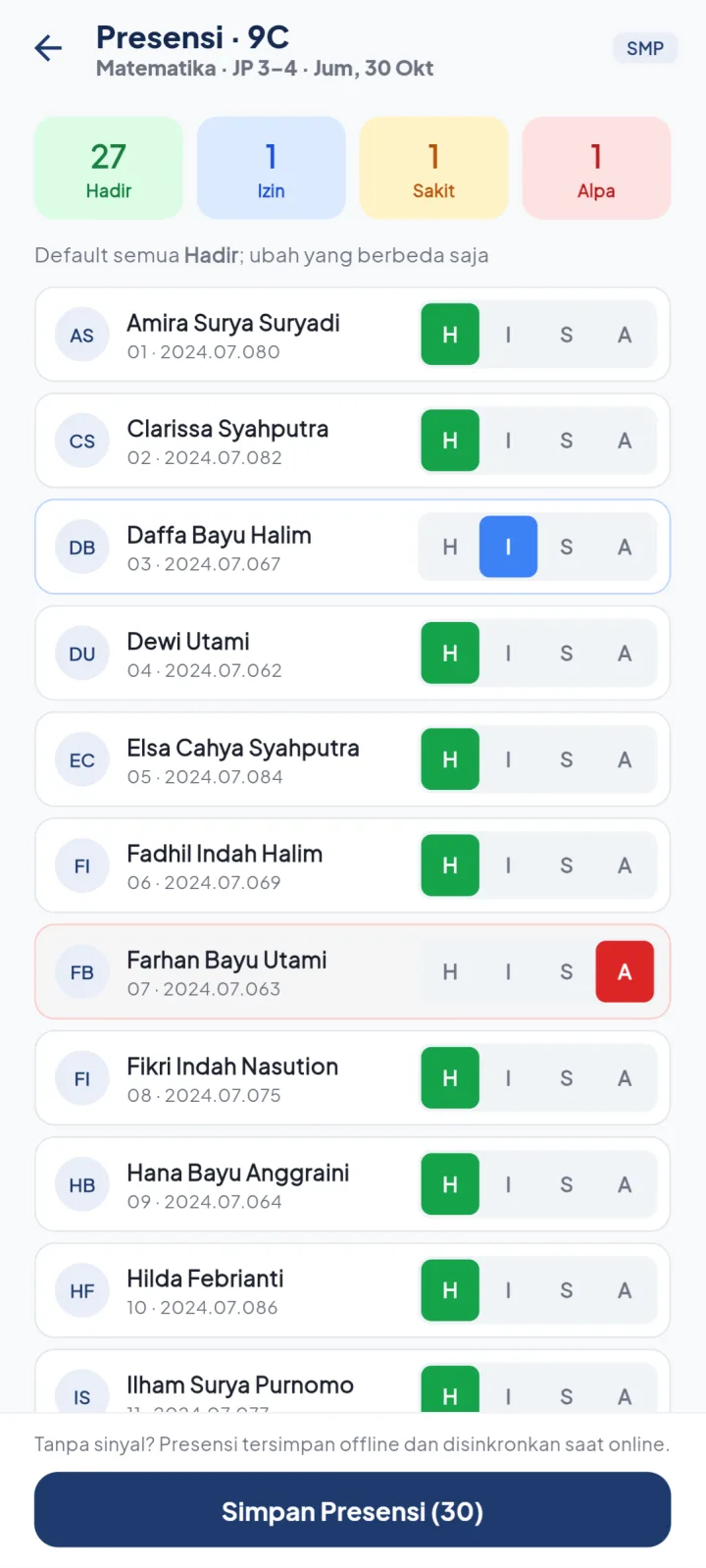 Tampilan SIMSekolah: Presensi kelas dan nilai diisi langsung dari HP.