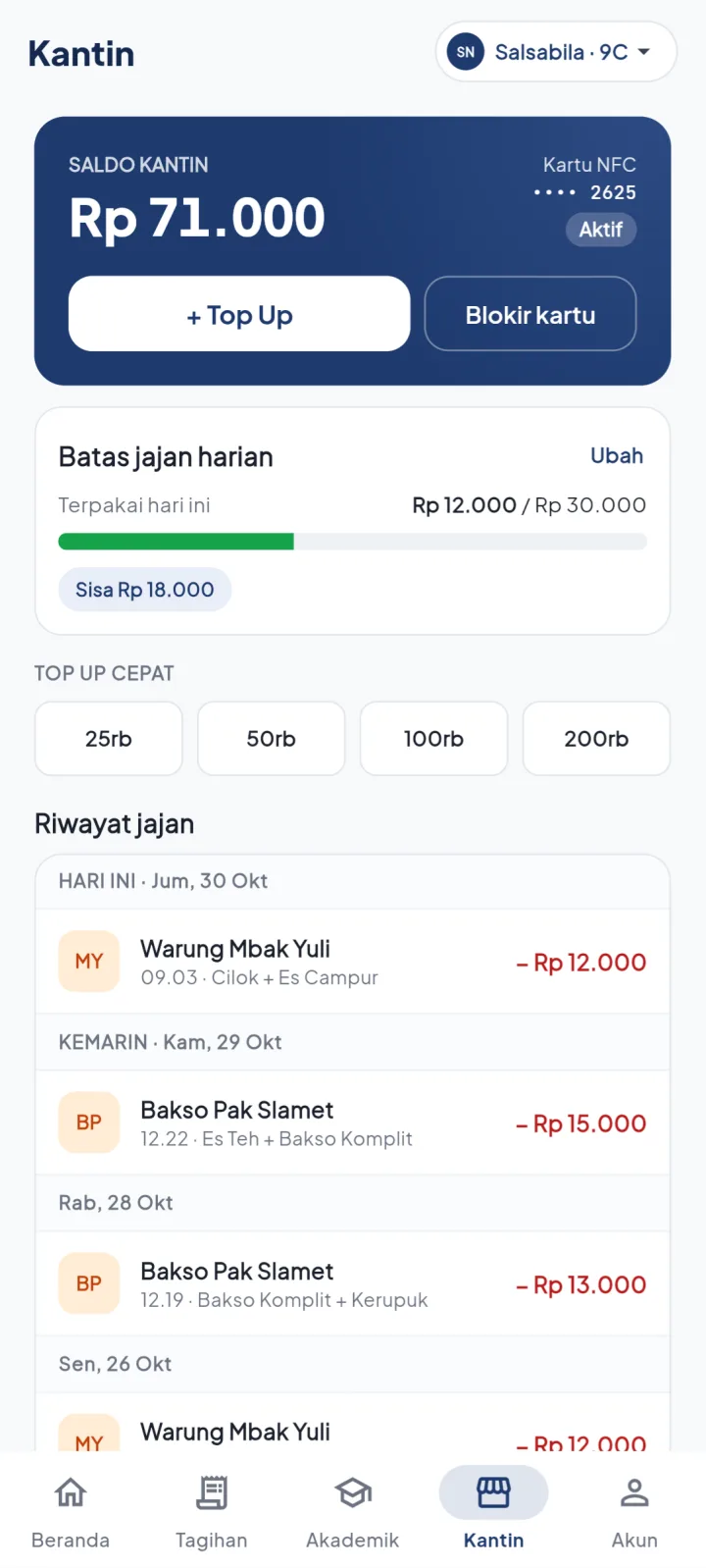 Tampilan SIMSekolah: Orang tua mengatur jajan anak, sekolah memantau setiap stan.