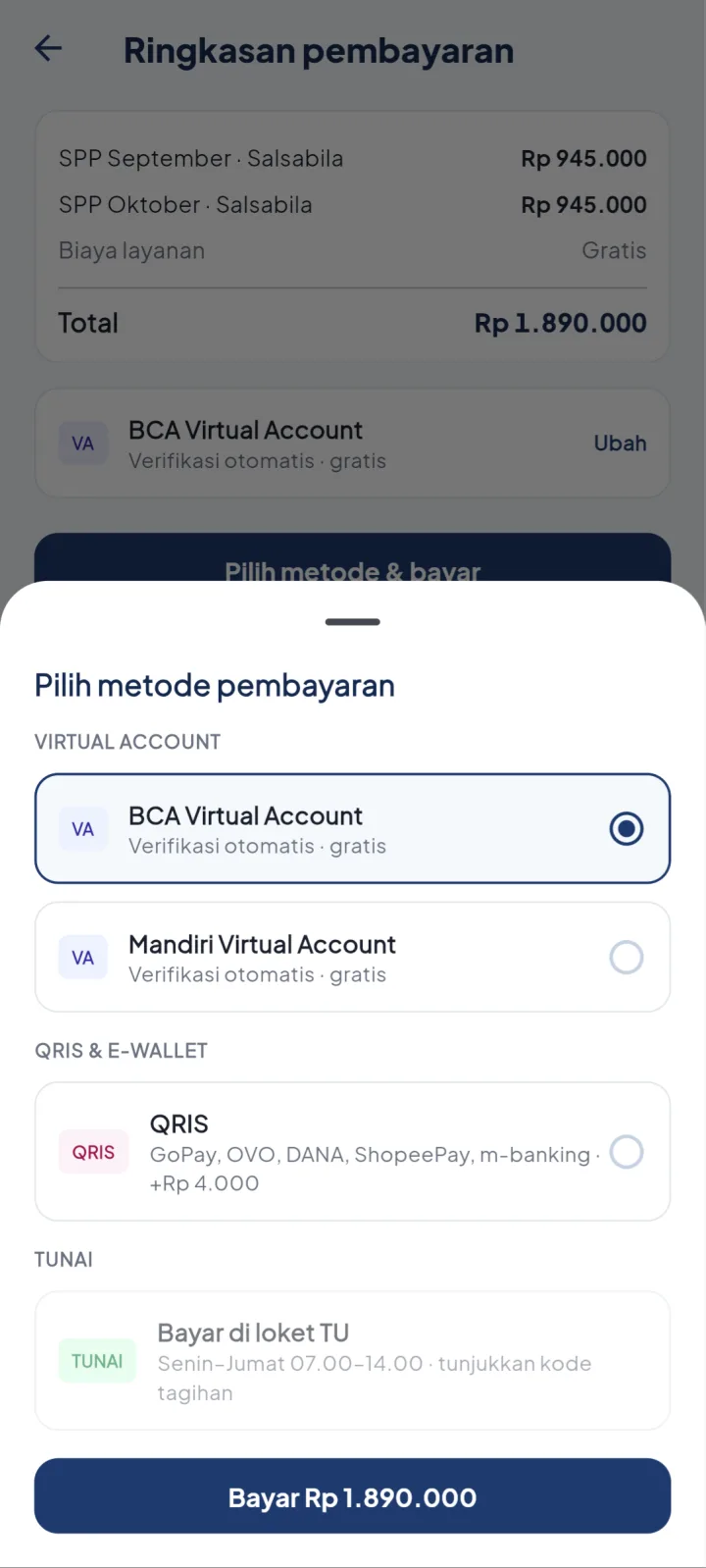 Tampilan SIMSekolah: Bayar beberapa tagihan sekaligus, kuitansi langsung tersedia.