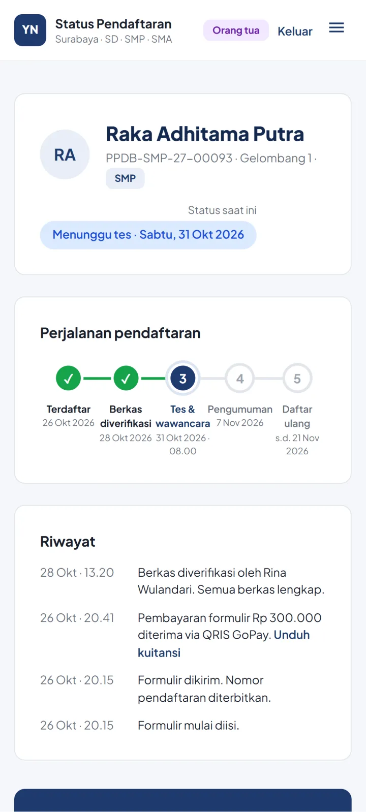 Tampilan SIMSekolah: Daftar, bayar formulir, dan pantau status tanpa datang ke sekolah.