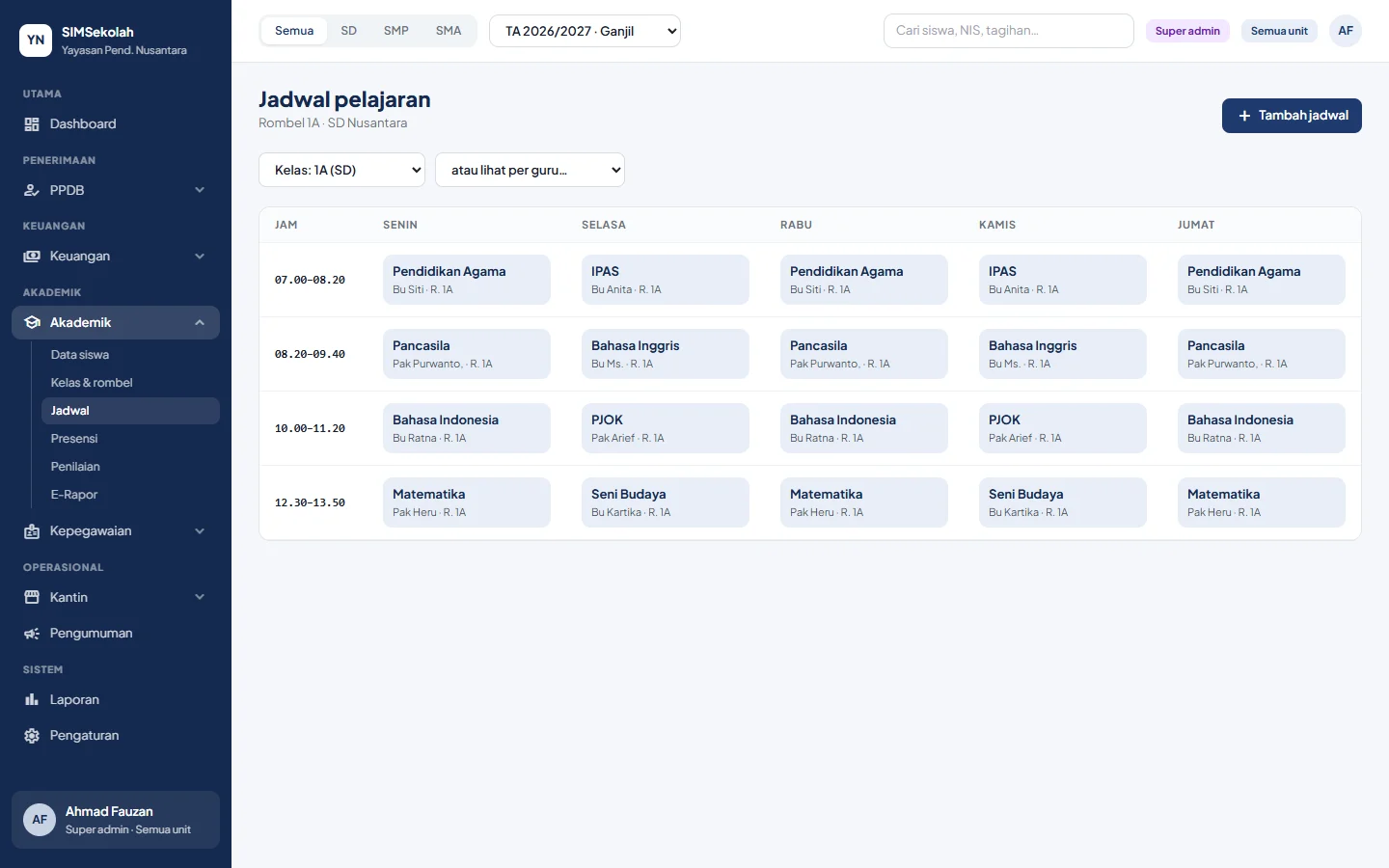 SIMSekolah — akademik jadwal, dashboard web