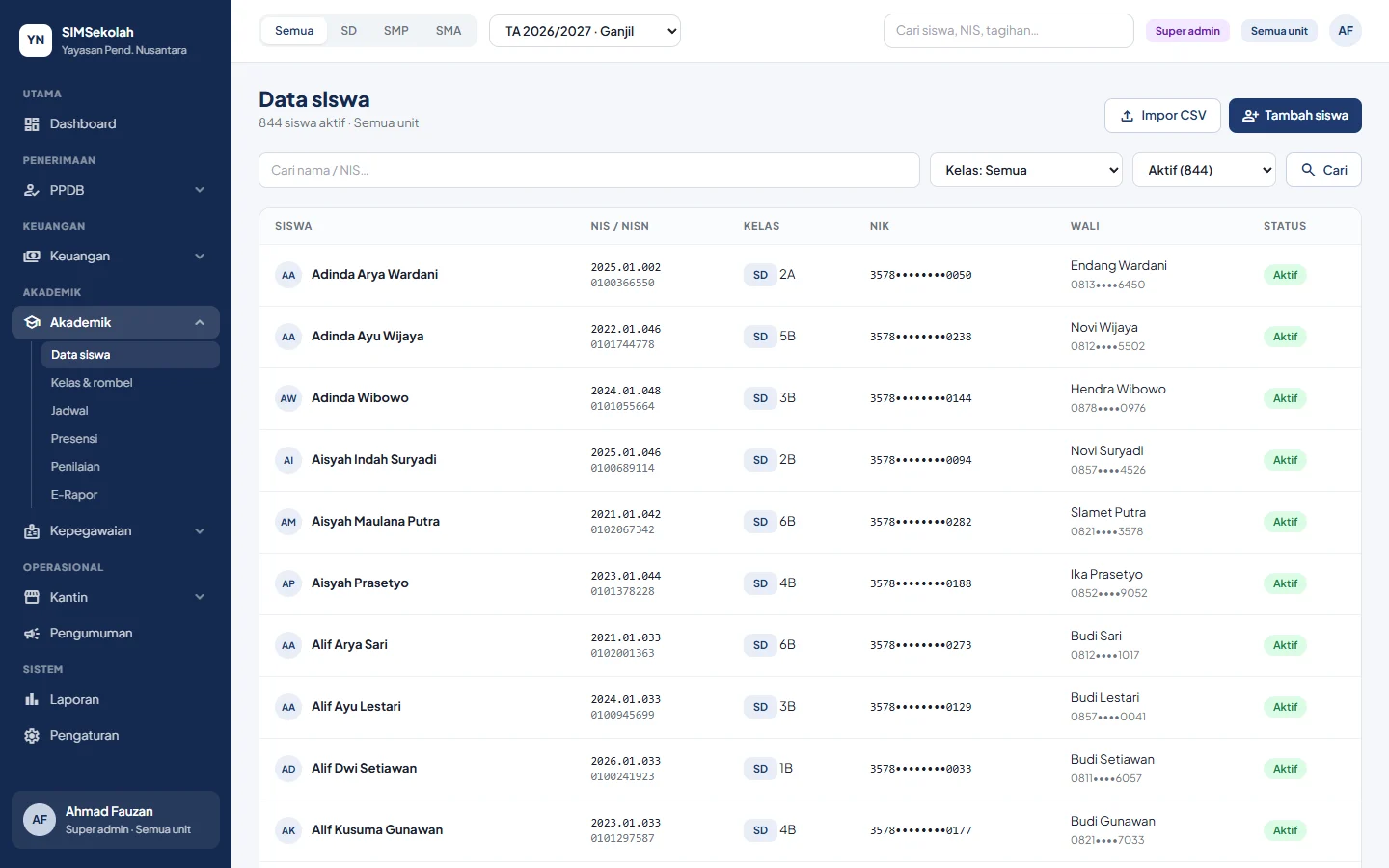 SIMSekolah — akademik siswa, dashboard web