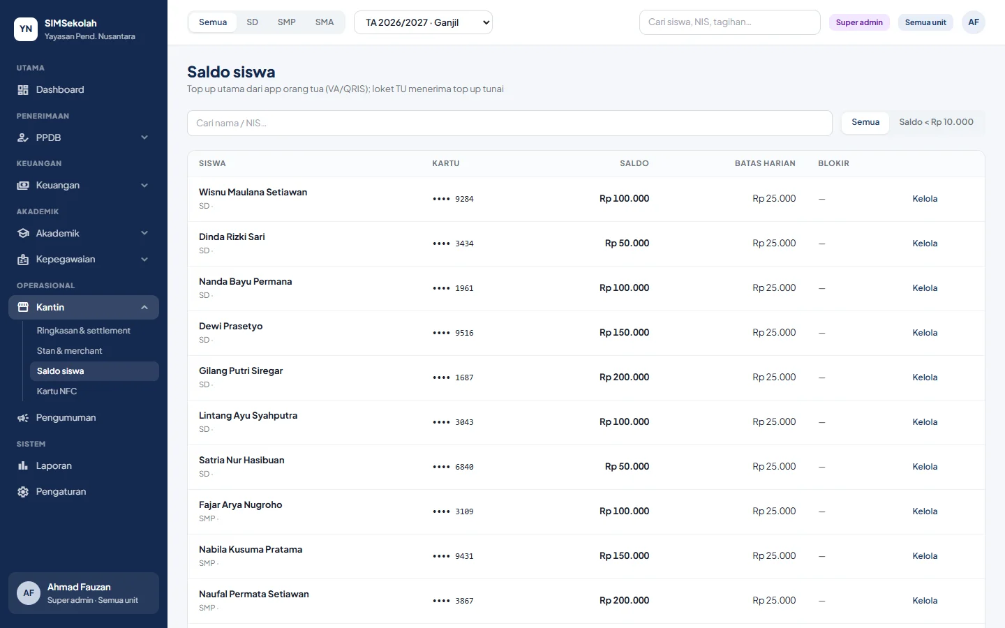 SIMSekolah — kantin saldo, dashboard web