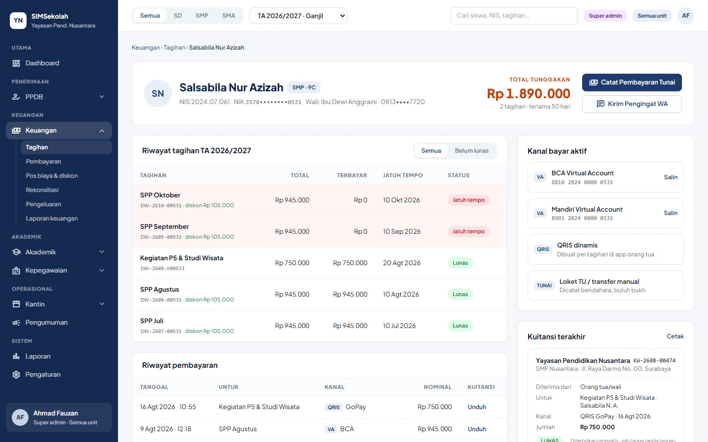Tampilan SIMSekolah: Tagihan SPP dibuat massal, tunggakan terlihat per siswa.
