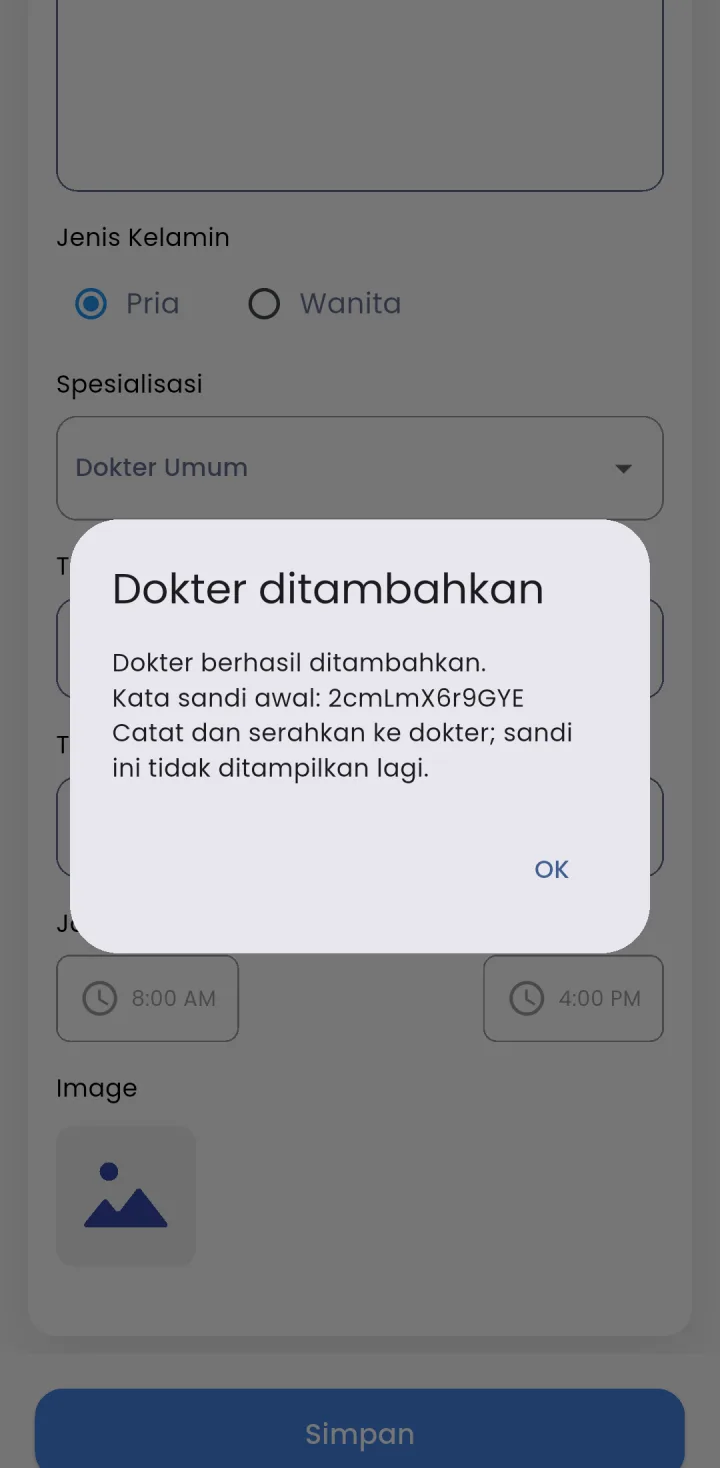 Tampilan Telemedis Klinik: Akun dokter dibuat admin, sandi awal acak.