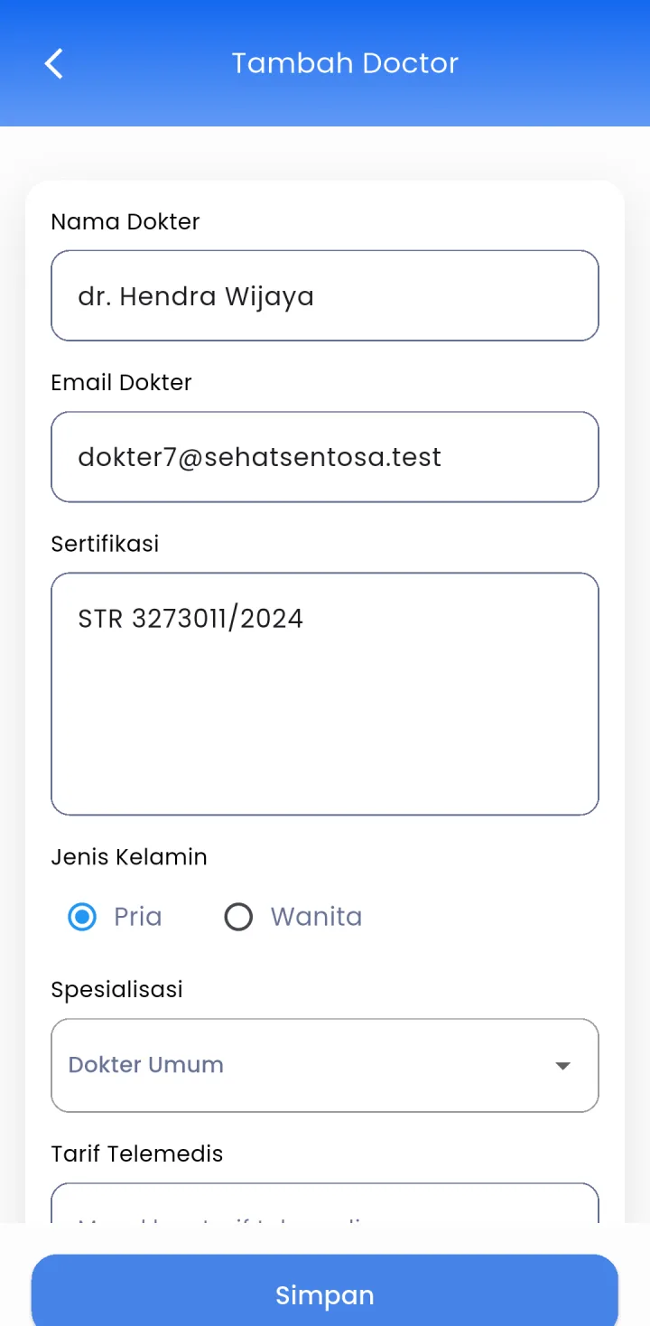 Tampilan Telemedis Klinik: Akun dokter dibuat admin, sandi awal acak.
