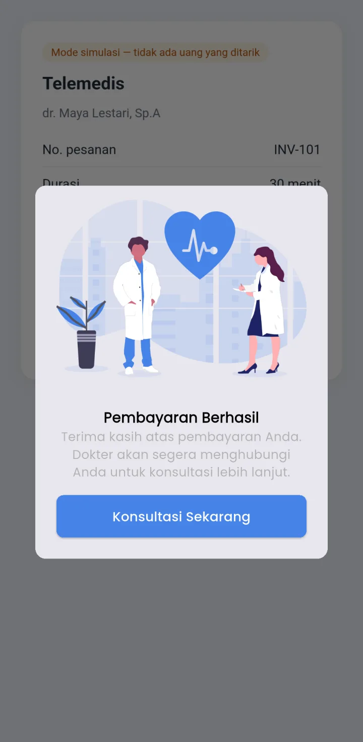 Tampilan Telemedis Klinik: Bayar dulu, konsultasi aktif setelah lunas.