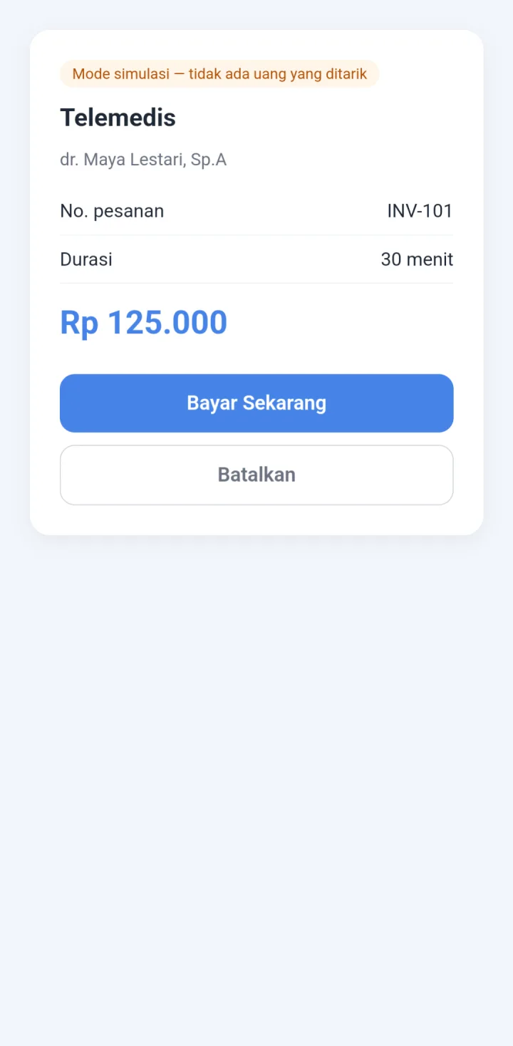 Tampilan Telemedis Klinik: Bayar dulu, konsultasi aktif setelah lunas.
