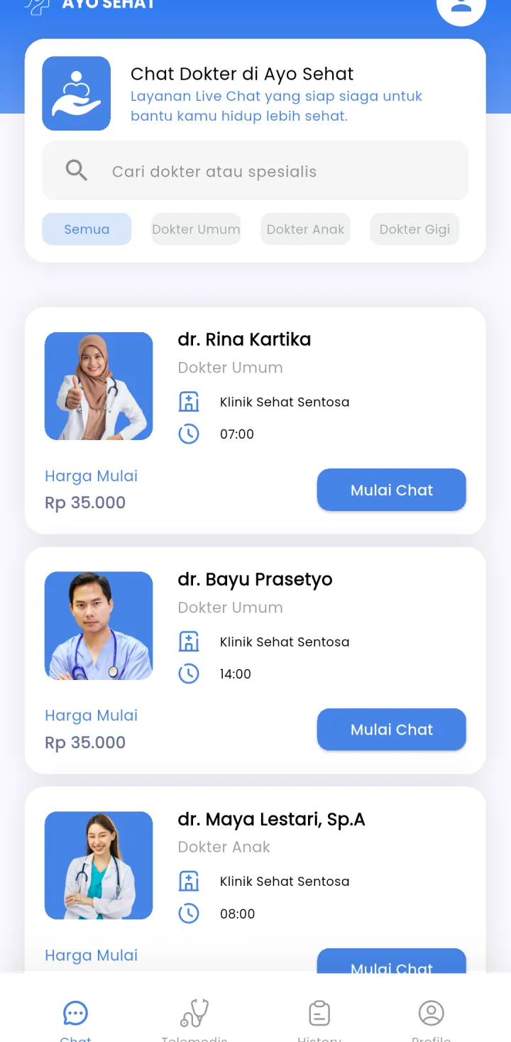 Tampilan Telemedis Klinik: Pilih dokter sesuai keluhan.