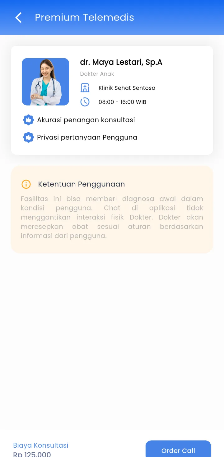 Tampilan Telemedis Klinik: Jam praktik dan STR sebelum memesan.