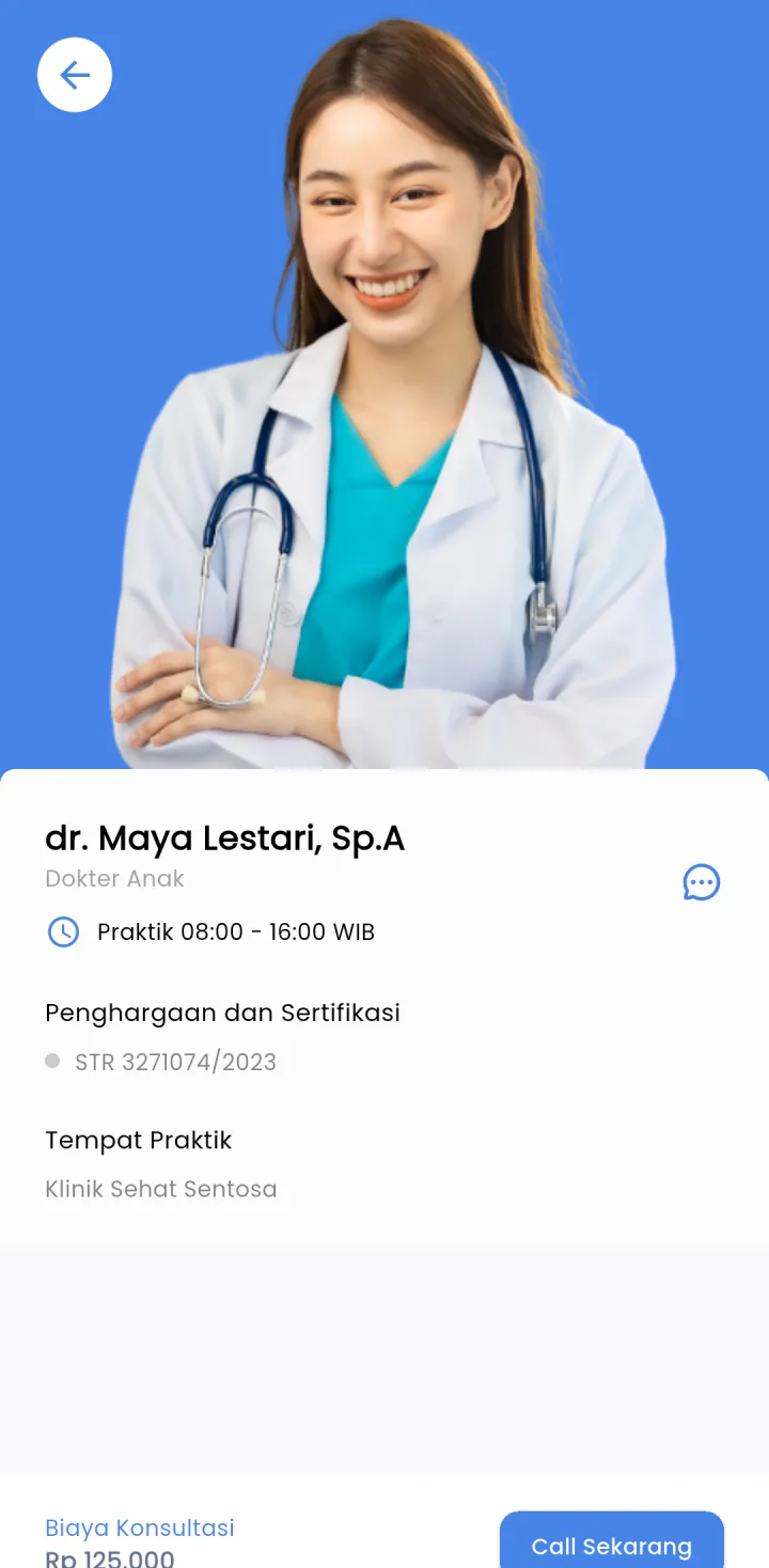 Tampilan Telemedis Klinik: Jam praktik dan STR sebelum memesan.