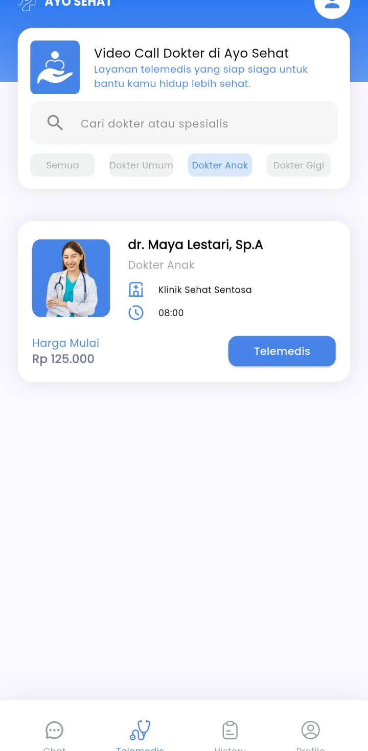 Tampilan Telemedis Klinik: Pilih dokter sesuai keluhan.