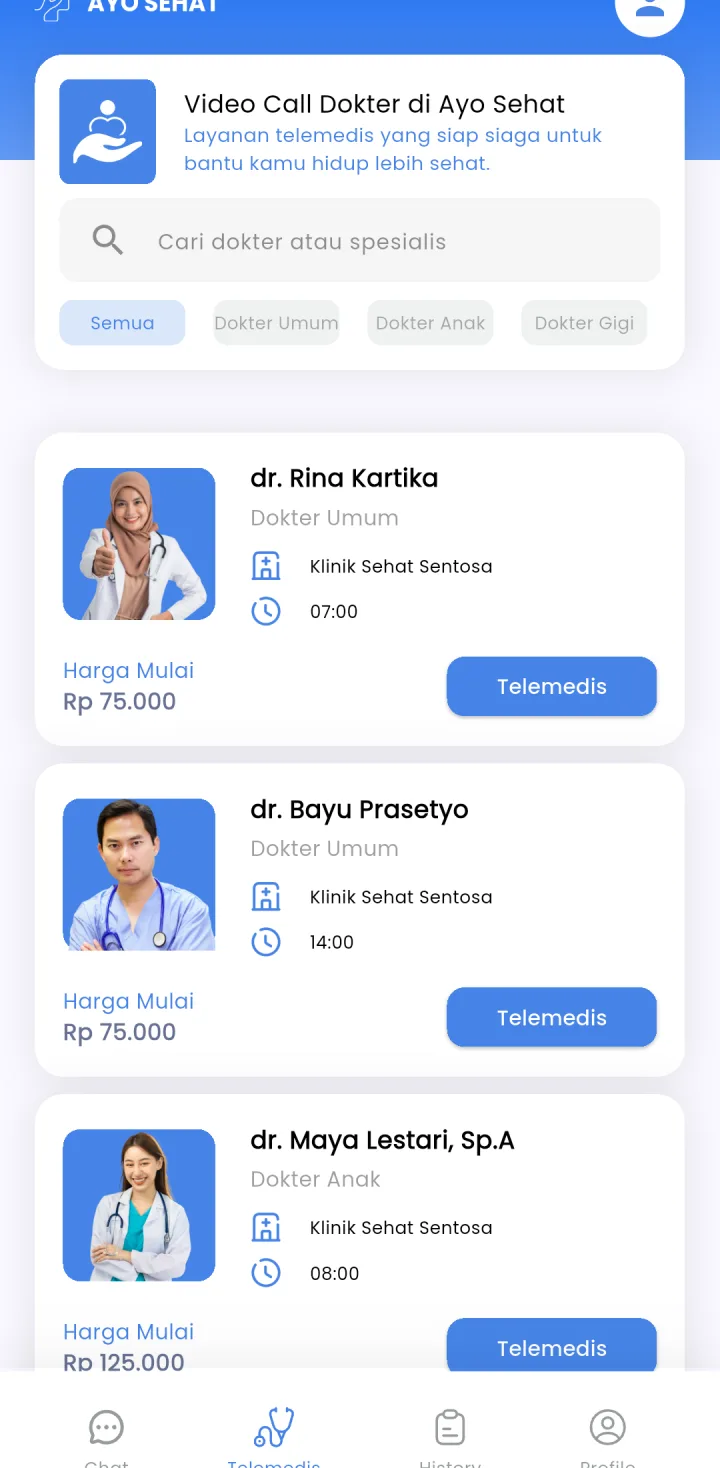 Tampilan Telemedis Klinik: Semua konsultasi tercatat dengan jam pemesanan.