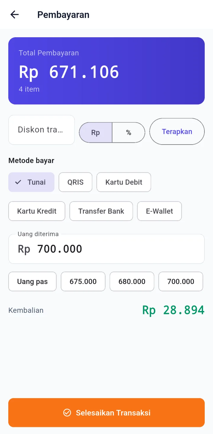 Tampilan TokoPro: Kasir di HP Android dengan struk printer Bluetooth.