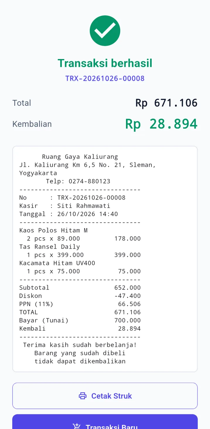 Tampilan TokoPro: Kasir di HP Android dengan struk printer Bluetooth.