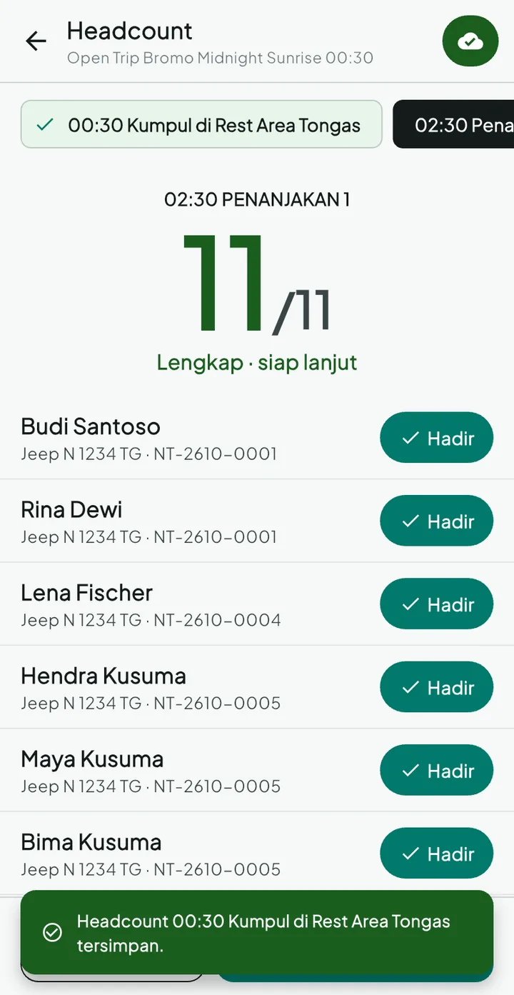 Tampilan TourPro: Hitung peserta dan laporan lapangan dari HP guide.