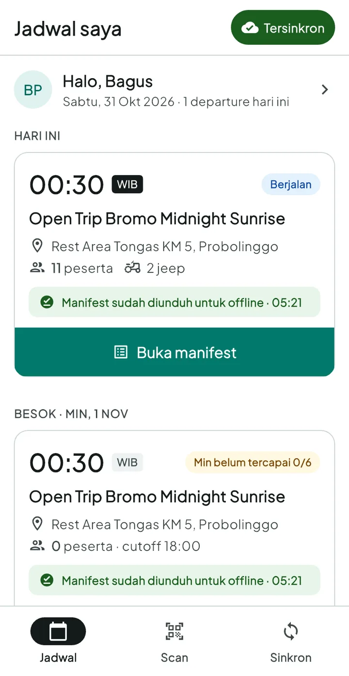 Tampilan TourPro: Hitung peserta dan laporan lapangan dari HP guide.