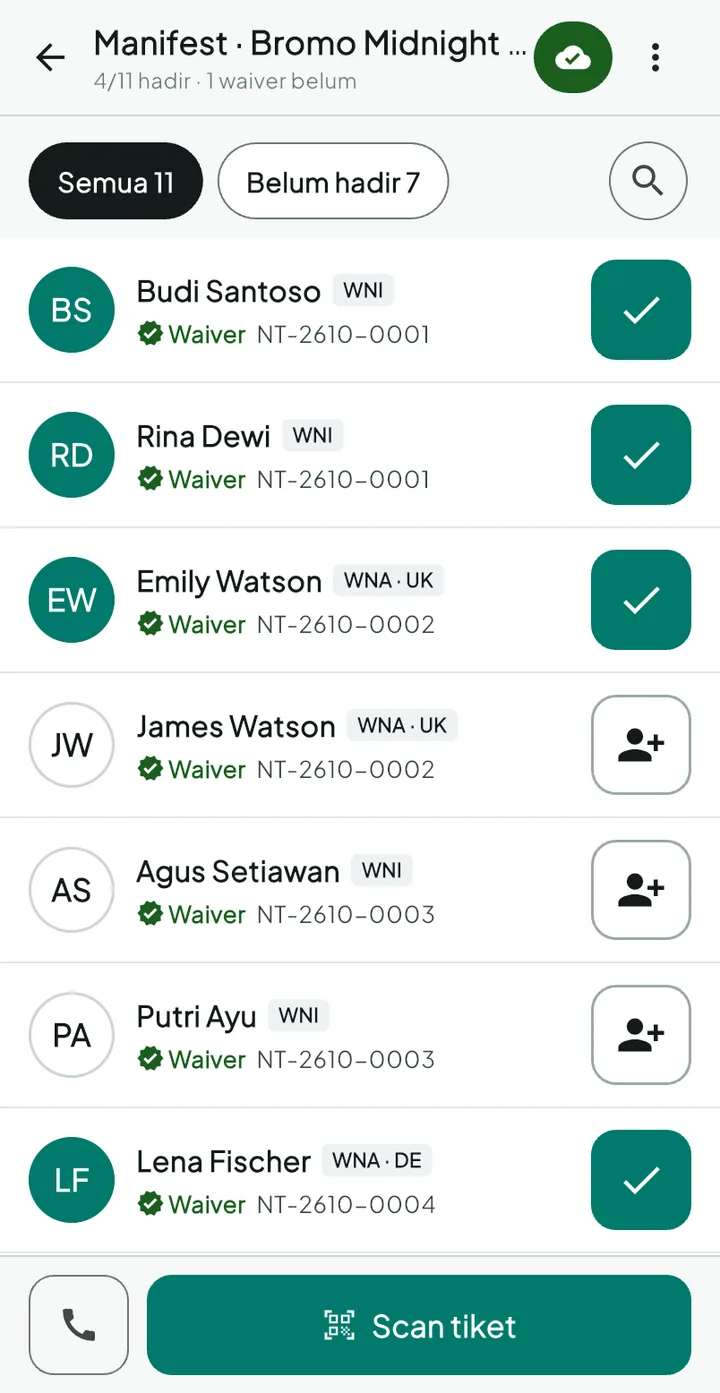 Tampilan TourPro: Manifest yang sama di kantor dan di HP guide.