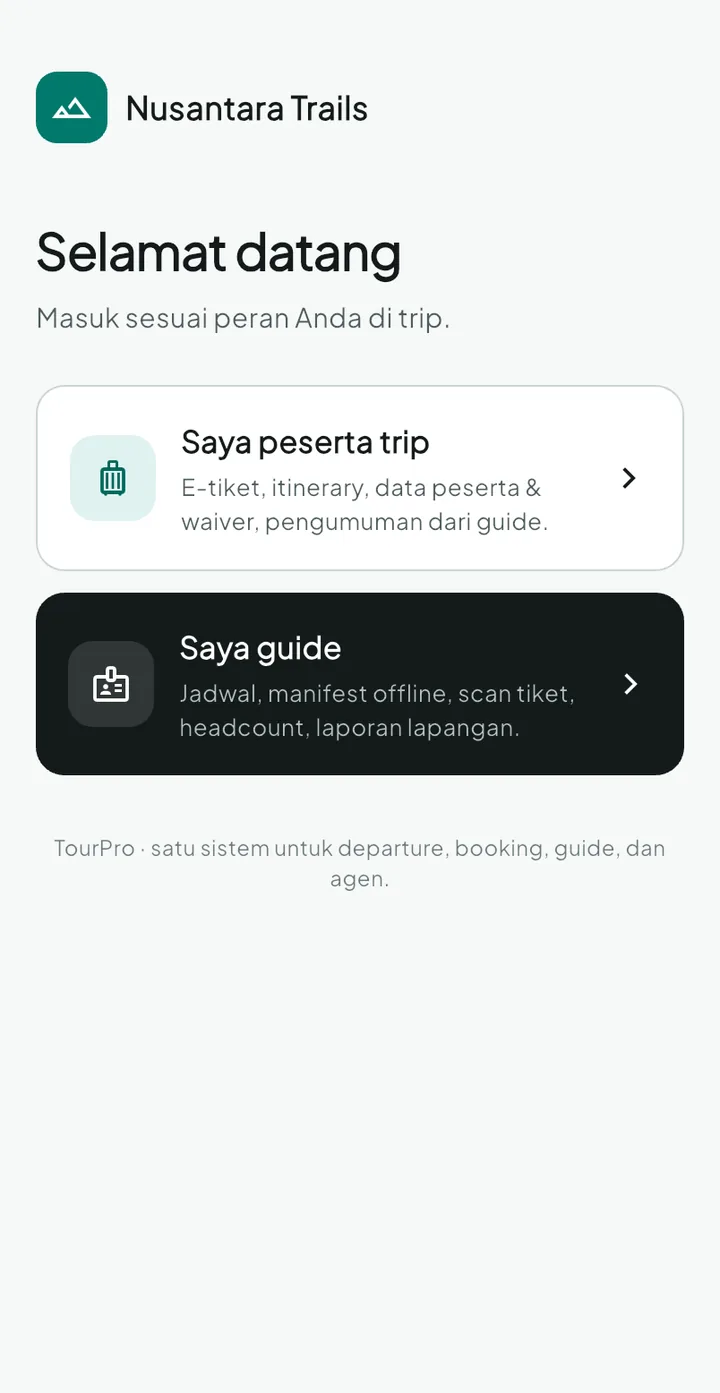 TourPro — pilih peran, aplikasi HP