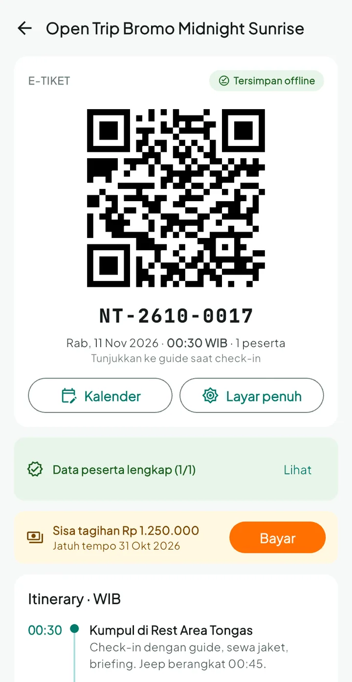 Tampilan TourPro: Tamu menunjukkan e-tiket, guide memindai di titik kumpul.