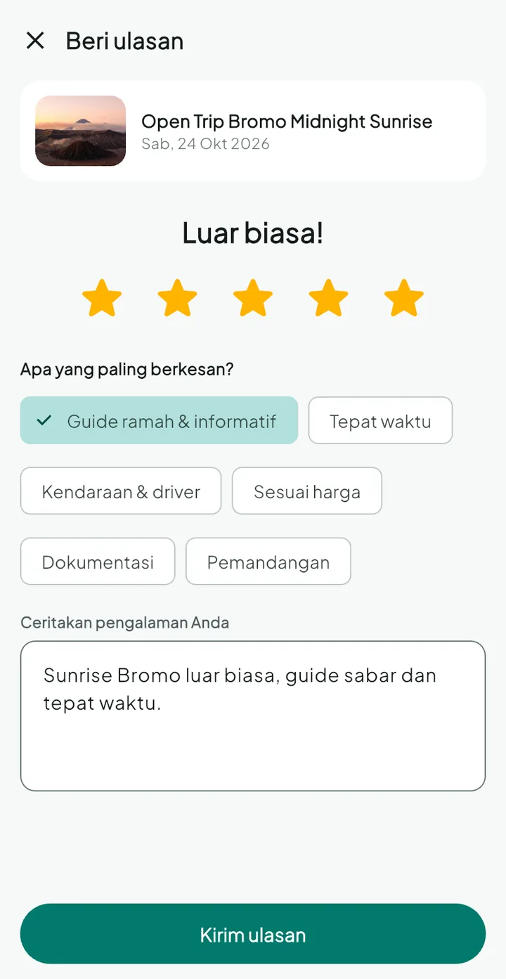 Tampilan TourPro: Setelah trip, tamu memberi ulasan dan mendapat voucher.