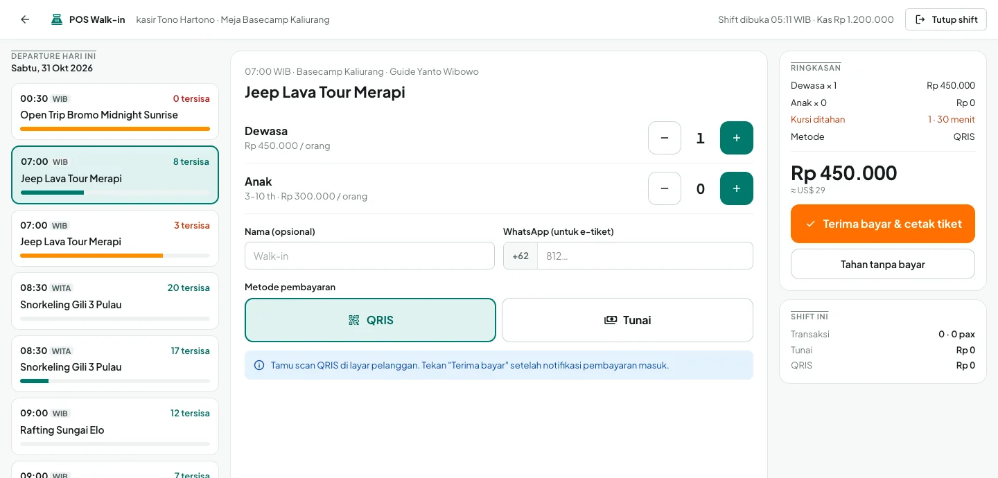 Tampilan TourPro: Tamu yang datang langsung tetap masuk ke kuota yang sama.