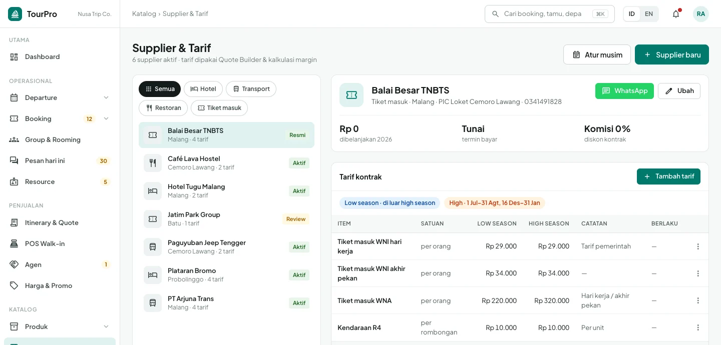 TourPro — supplier tarif, dashboard web
