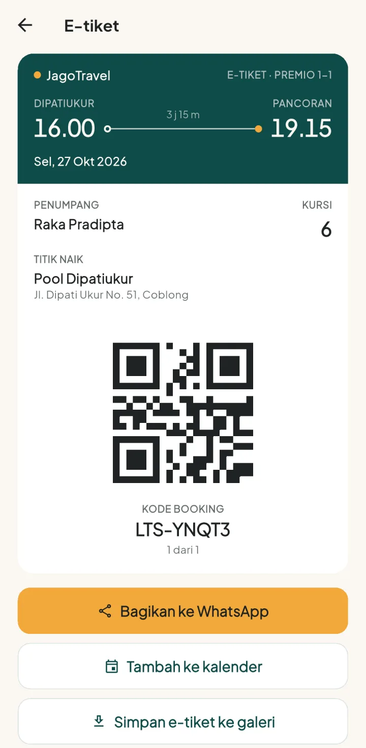 Tampilan TravelPro: Bayar online, e-tiket langsung di HP.