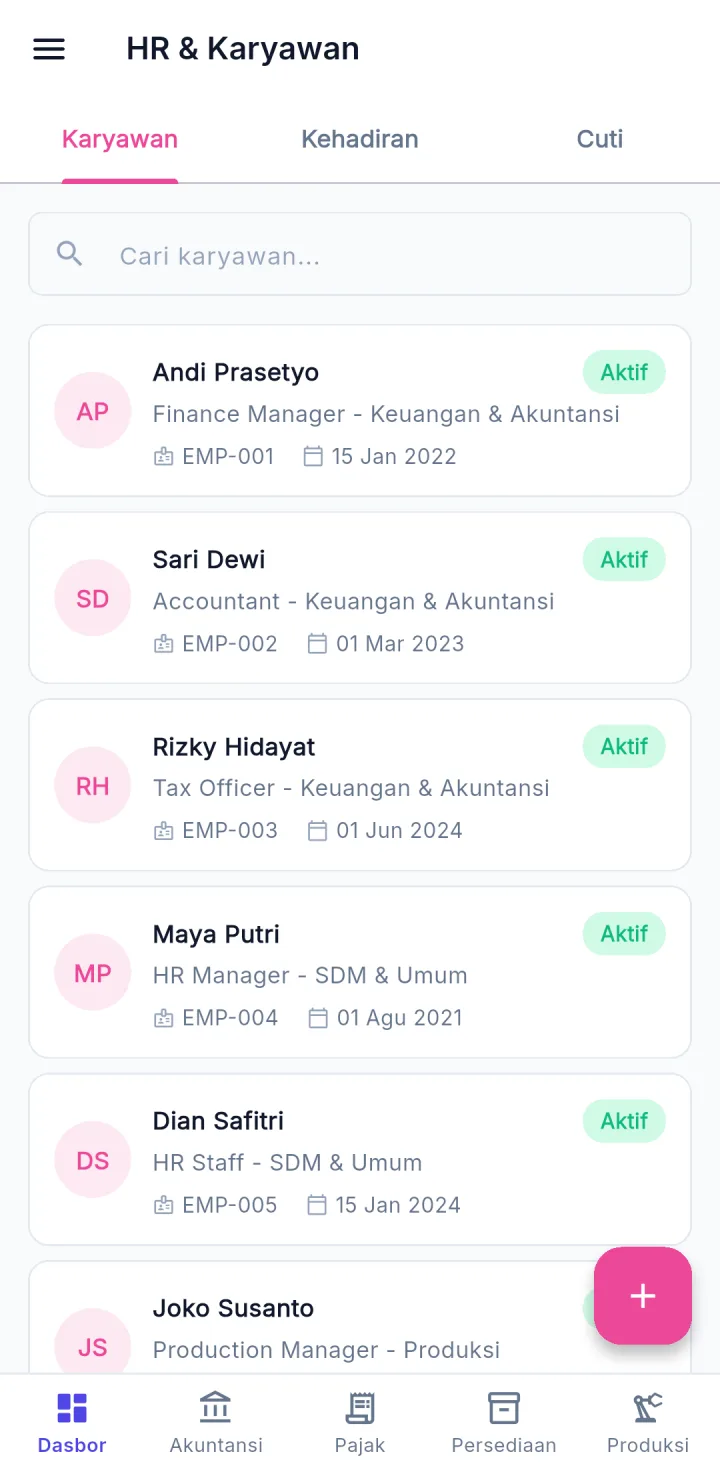 Tampilan UltimaERP: Gaji dan PPh 21 karyawan dihitung per periode.