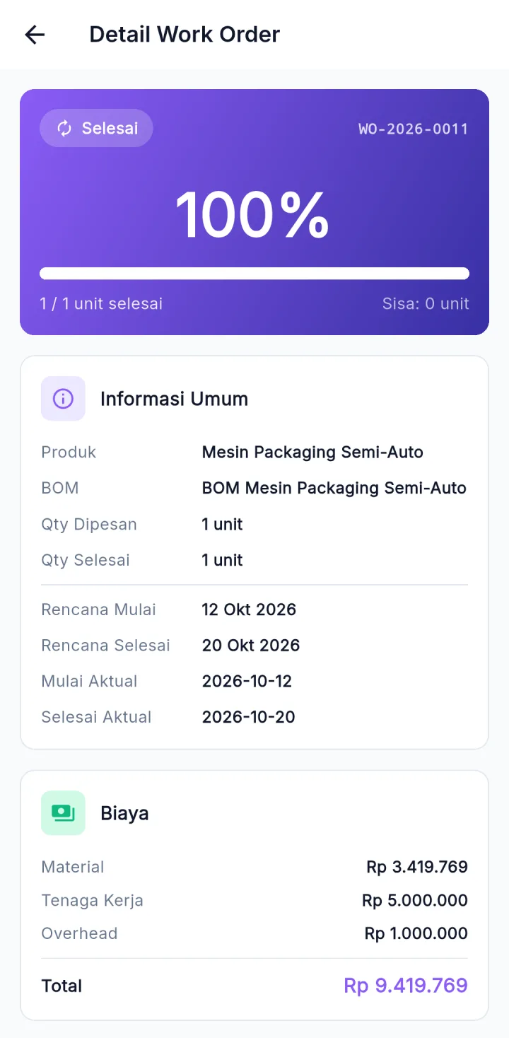 Tampilan UltimaERP: Biaya setiap perintah produksi terhitung otomatis.