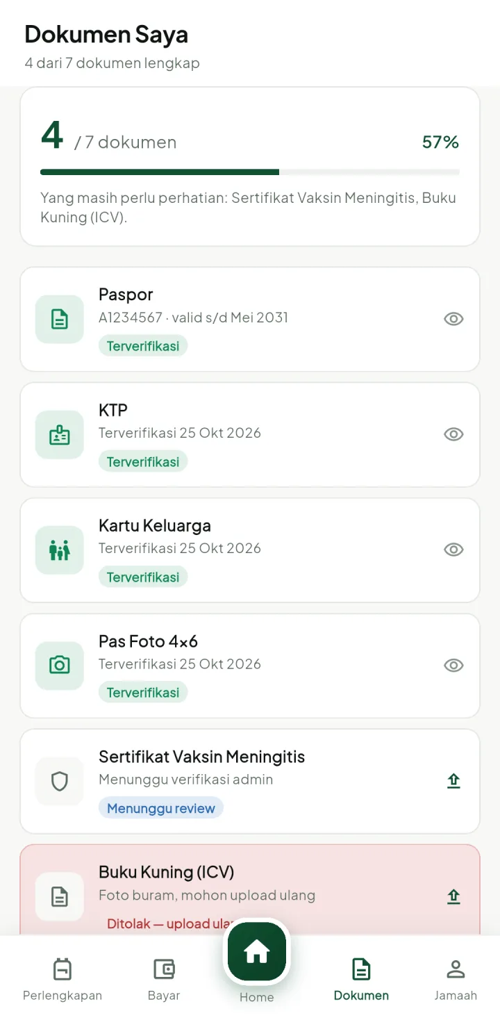 Tampilan UmrohPro: Dokumen yang kurang ketahuan sebelum visa diurus.
