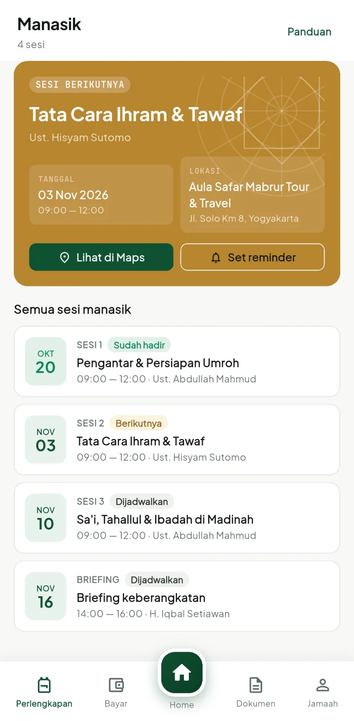 Tampilan UmrohPro: Jadwal manasik dan presensi di satu tempat.