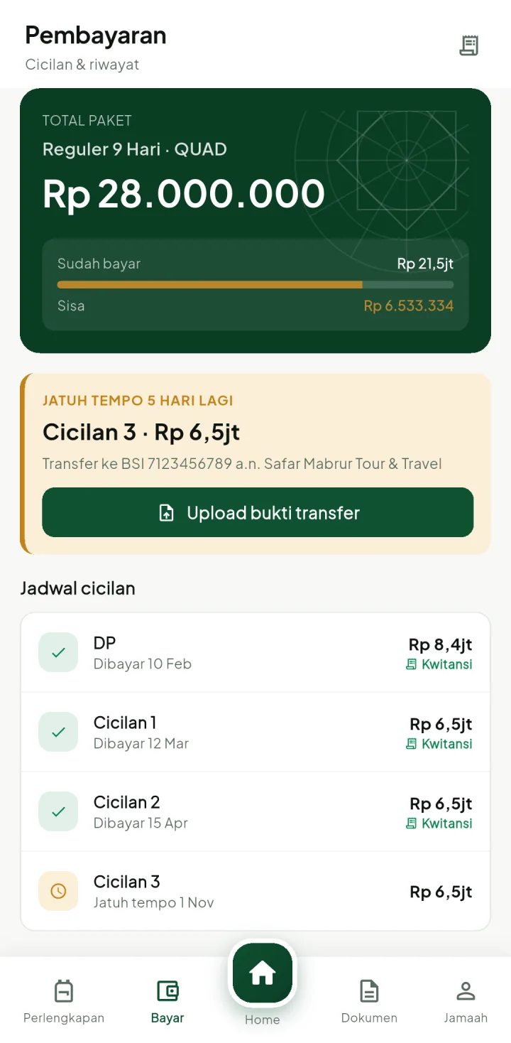 Tampilan UmrohPro: Jamaah tahu sisa bayarnya, admin tidak perlu menagih manual.