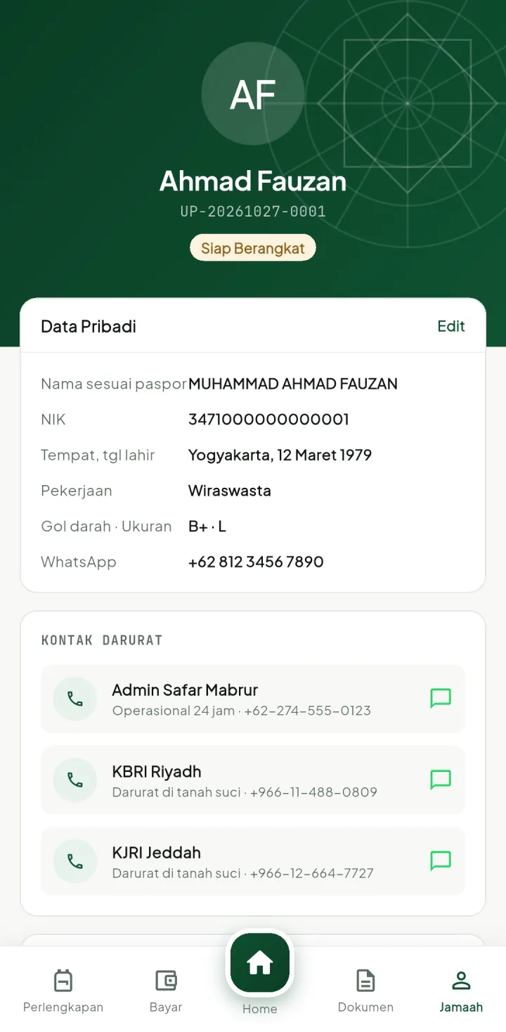Tampilan UmrohPro: Satu halaman per jamaah, dari paspor sampai pembayaran.